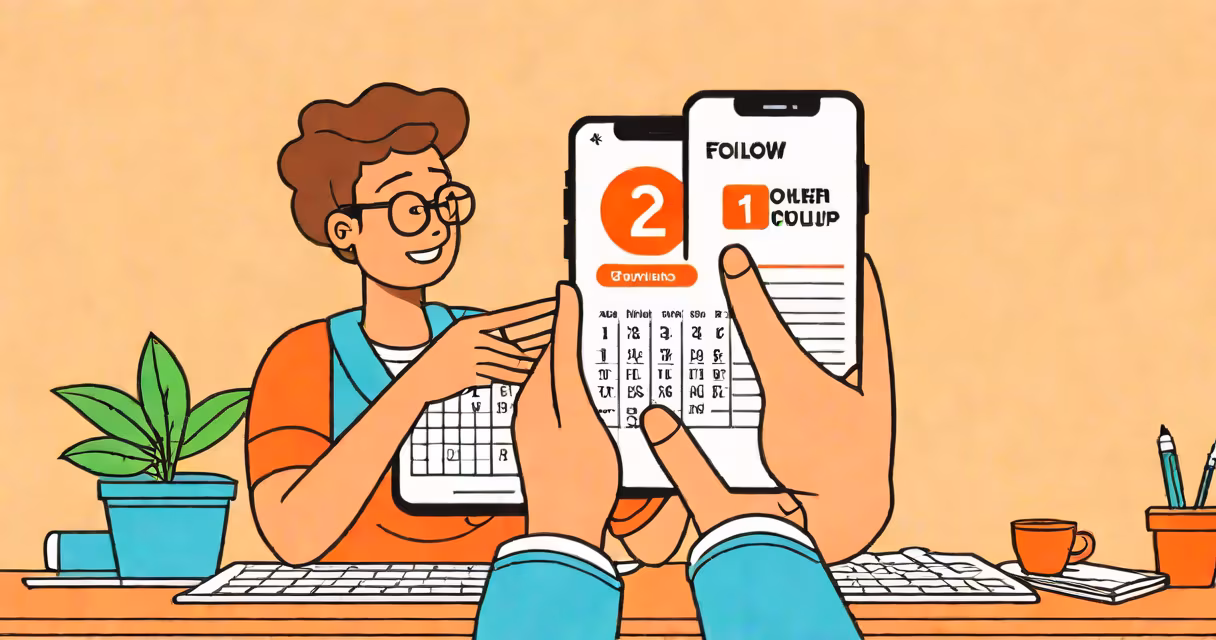 A person checking their phone with a calendar reminder labeled "follow up" visible on screen