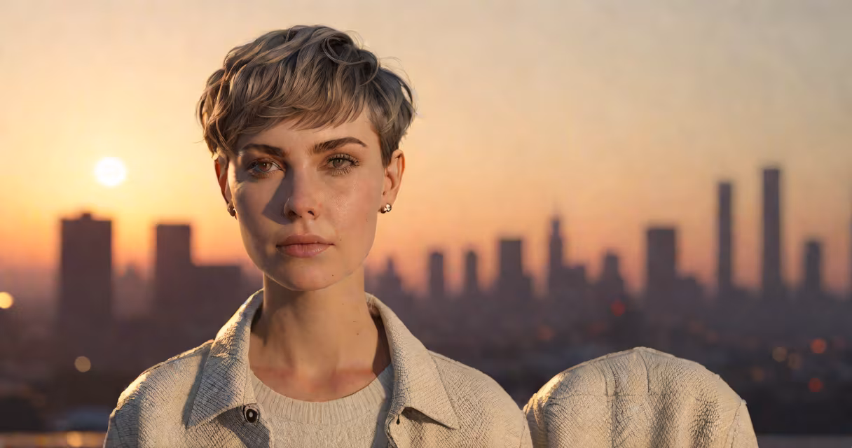 Portrait of a person with short hair and neutral clothing, standing in front of a city skyline at dusk