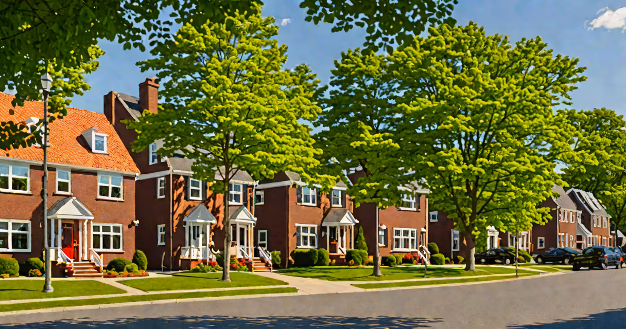 Modern Dutch-style homes in a quiet Long Island neighborhood with tree-lined streets and red brick facades