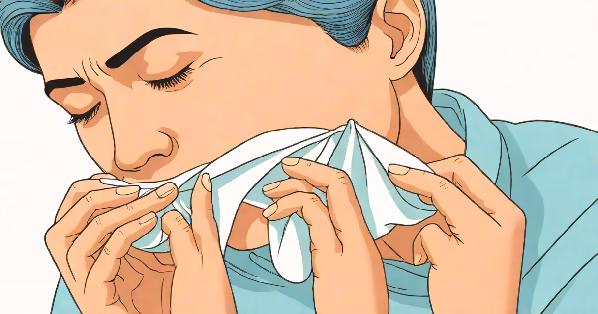 Close-up of a person holding their jaw, looking uncomfortable, with a tissue nearby