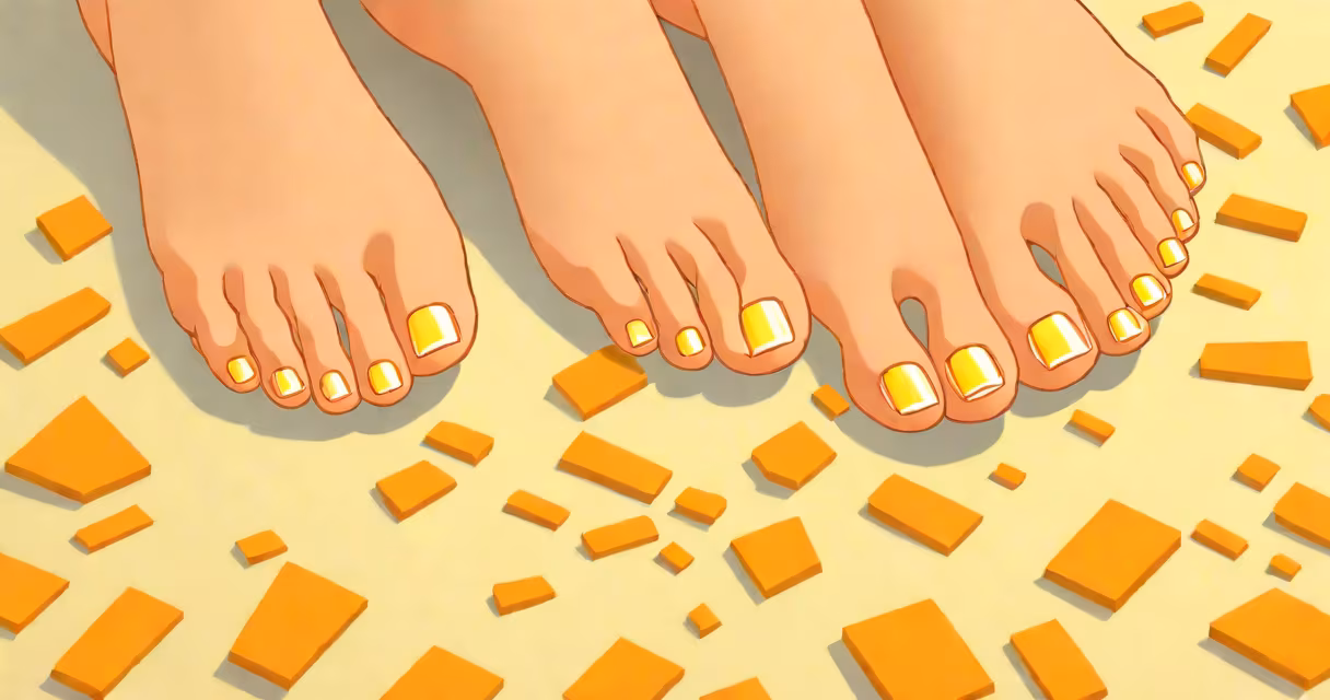 Close-up of discolored toenails showing orange-yellow streaks on a foot