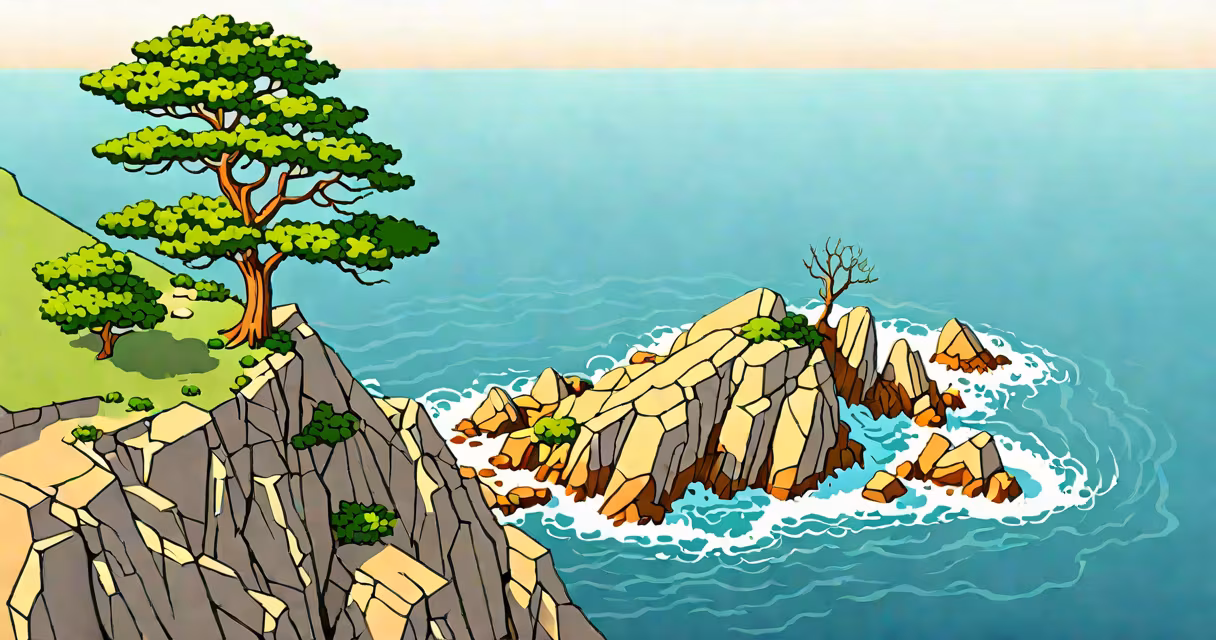 A lone pine tree growing from a crack in a rocky sea cliff, battered by ocean winds