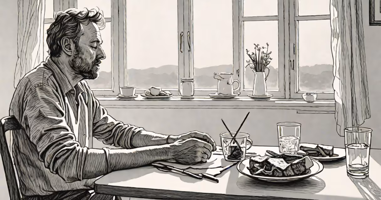 Person sitting at a kitchen table looking tired after eating a large meal, sunlight through window