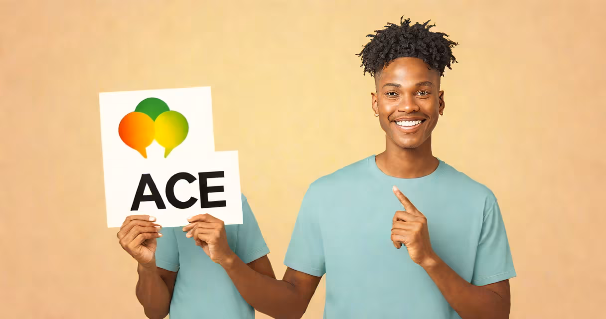 Illustration of a person with a neutral expression holding a sign that says "I'm ace" against a soft gradient background