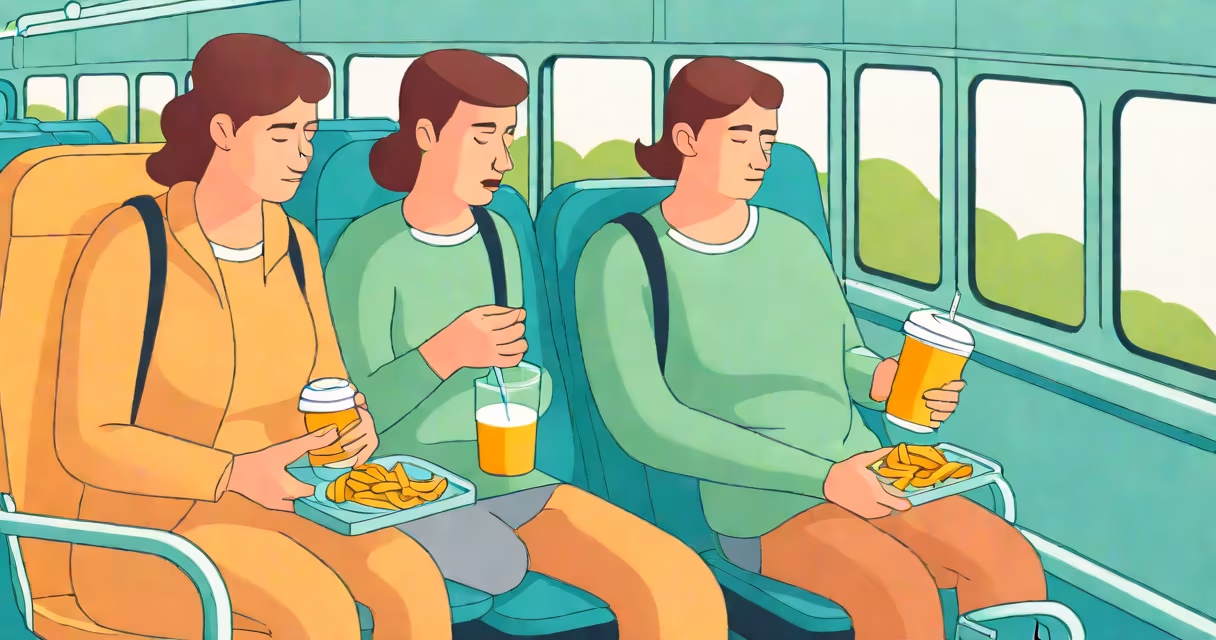Person clutching stomach on a moving bus, looking pale and uneasy