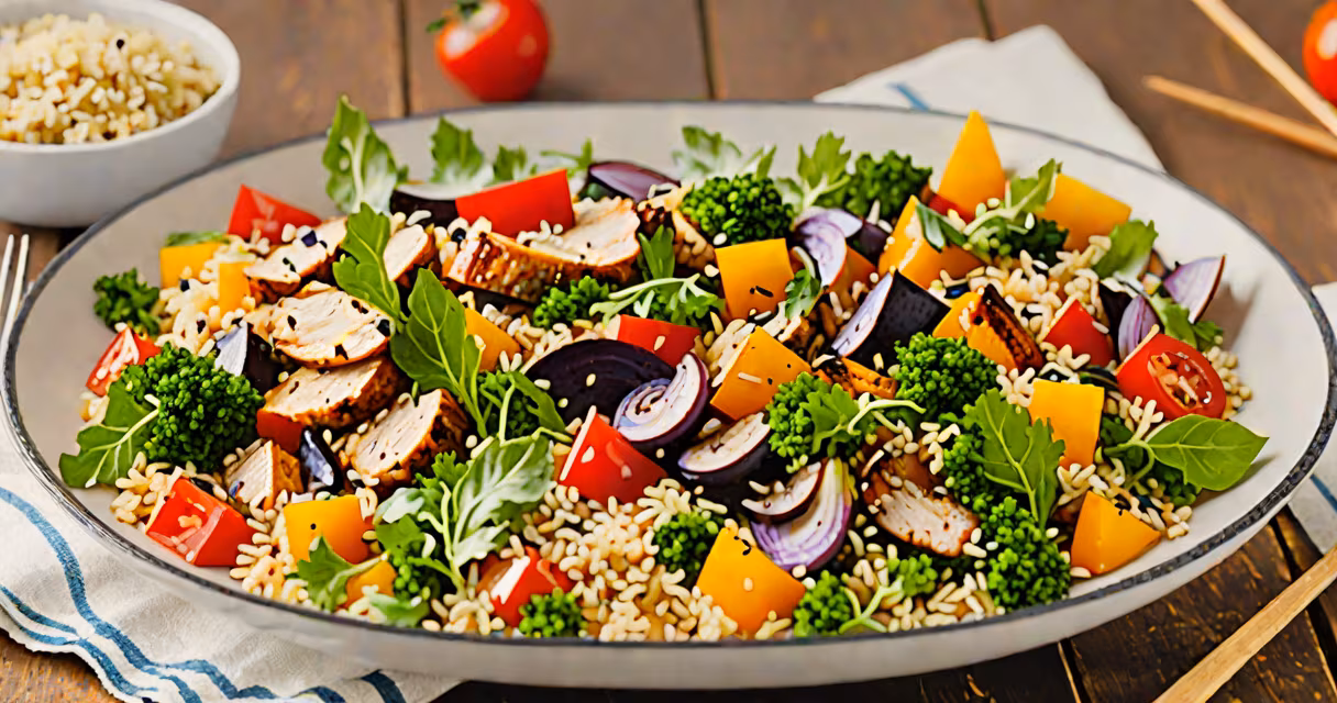 Colorful bowl of quinoa salad with roasted vegetables and grilled chicken, served on a wooden table