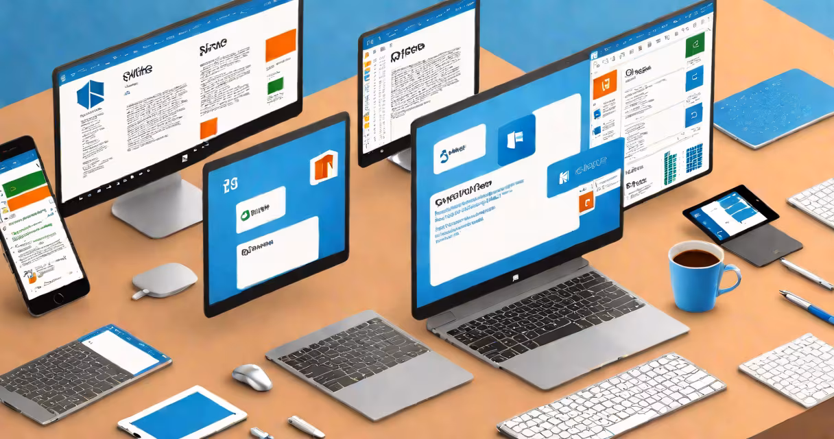 Blue and white interface of Microsoft Office desktop apps on a laptop screen, showing Word, Excel, and PowerPoint side by side