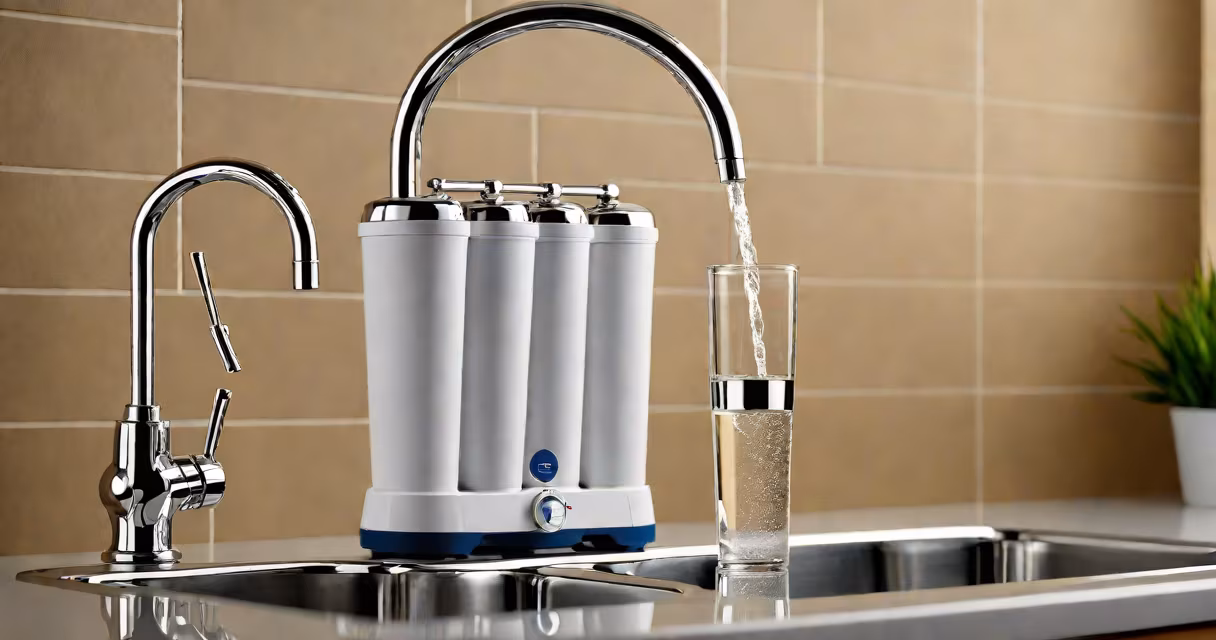 Close-up of a reverse osmosis water filter unit with tubing and a faucet mounted under a kitchen sink