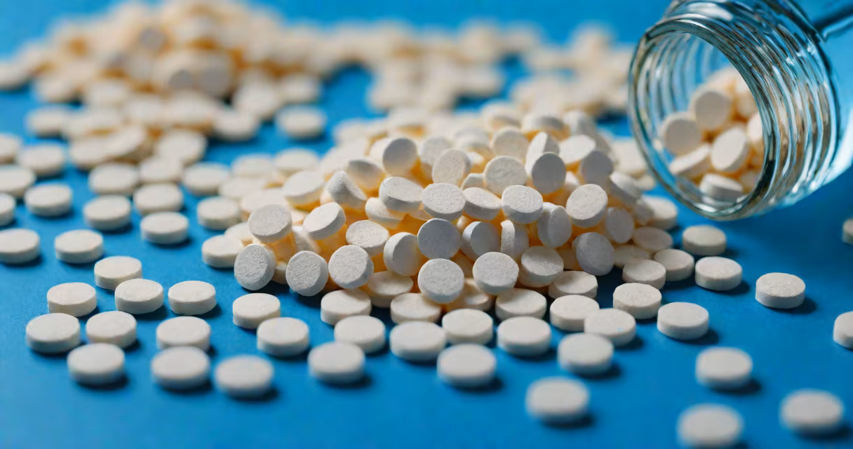White Tums tablets on a blue background with a glass of water nearby