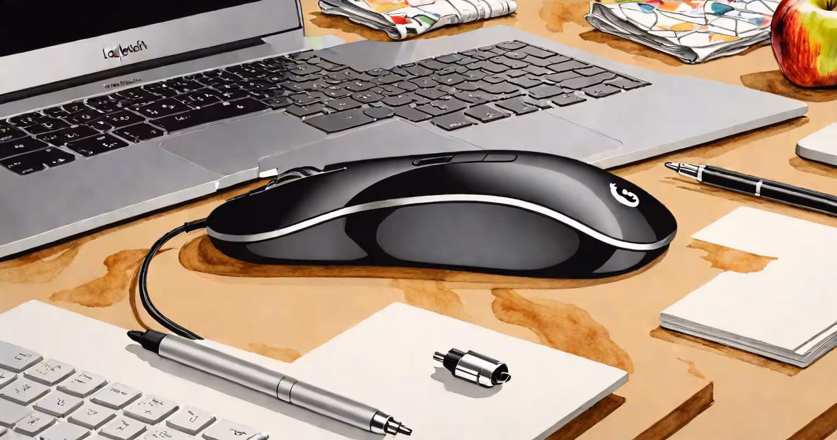 Black Logitech Apple Mouse resting on a white desk beside a MacBook Pro