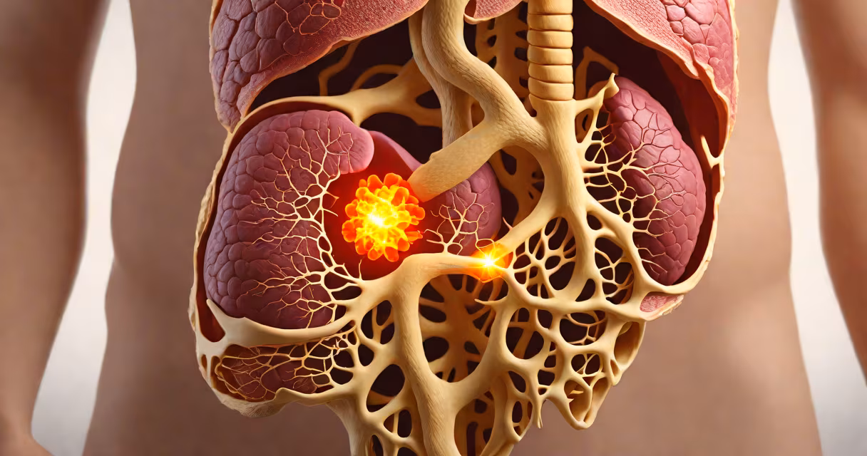 Close-up of a human abdomen with a medical illustration overlay showing the pancreas and surrounding organs