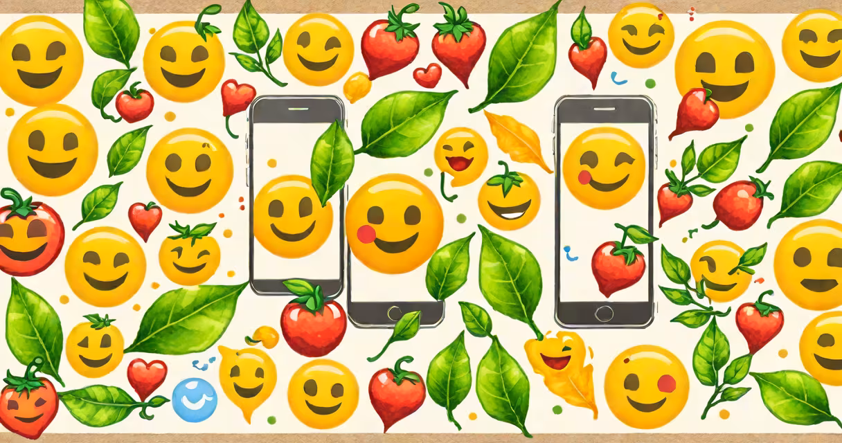 A smartphone screen showing a list of emoji with a cursor hovering over the leaf emoji symbol