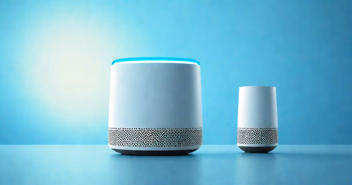 Smart speaker with glowing blue light, displaying "Hey Google" on screen while sending a text message via voice command