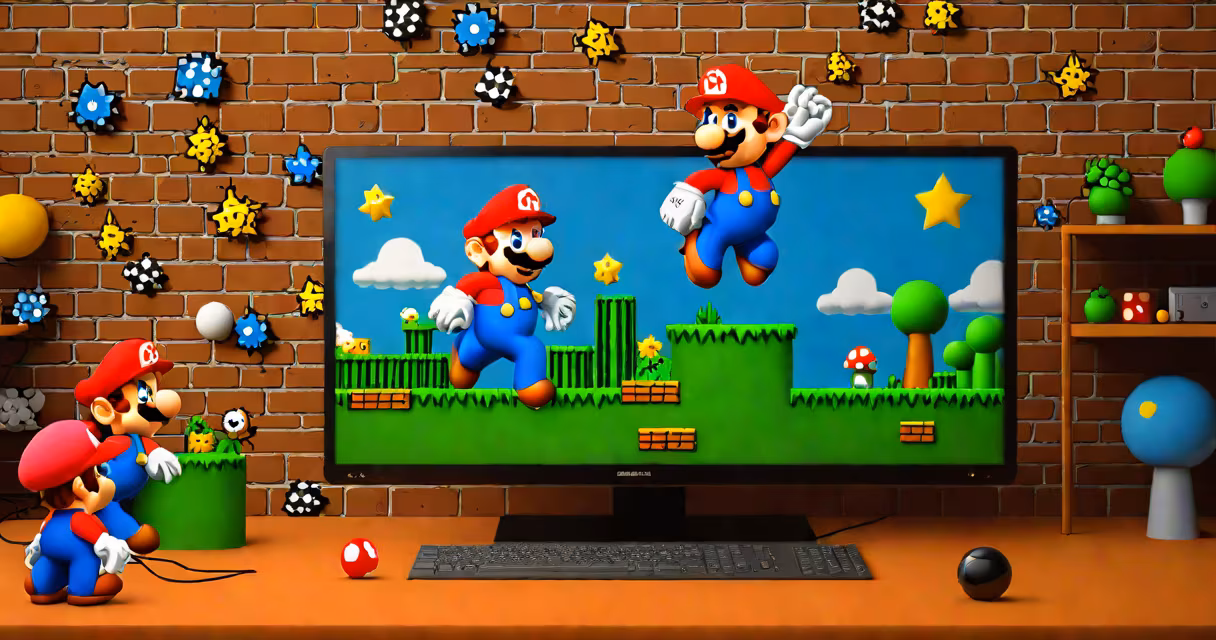 Side view of a desktop monitor showing Super Mario Bros. in full-screen mode with vibrant colors and scrolling levels