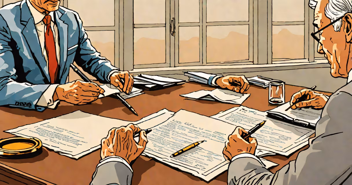 Professional estate attorney reviewing trust documents with client in office setting