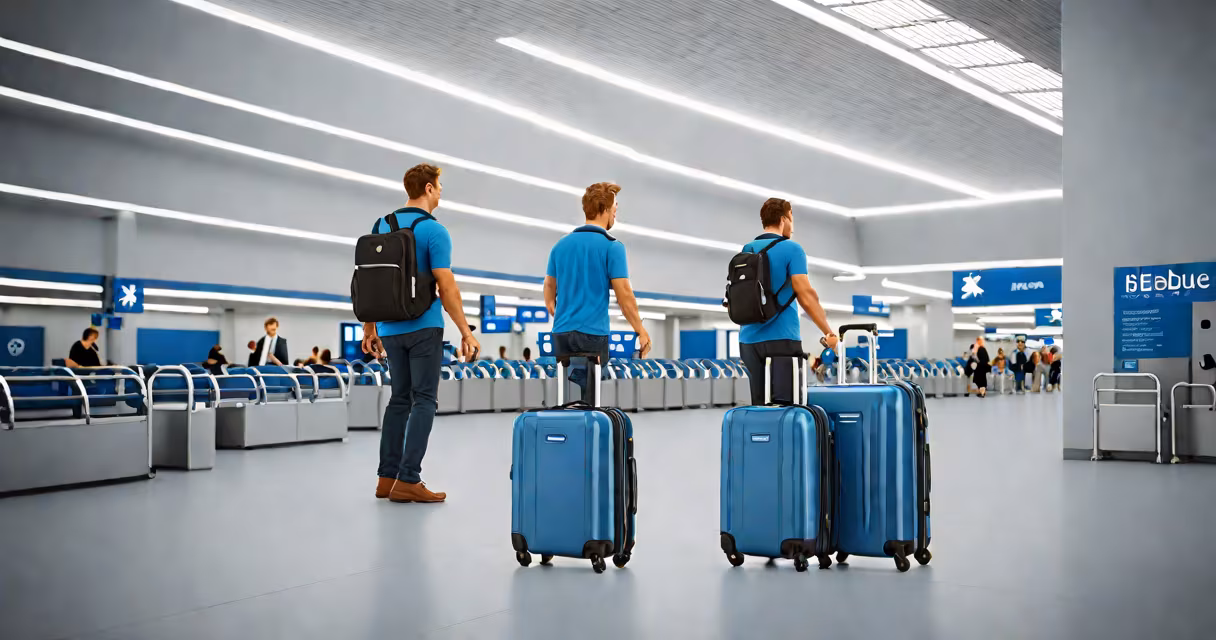 Passenger rolling a carry-on bag through a JetBlue airport terminal, overhead bins visible