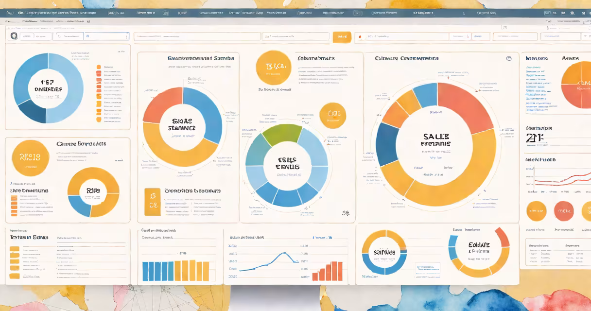 A clean desktop view showing a dashboard with sales charts, conversion rates, and customer demographics