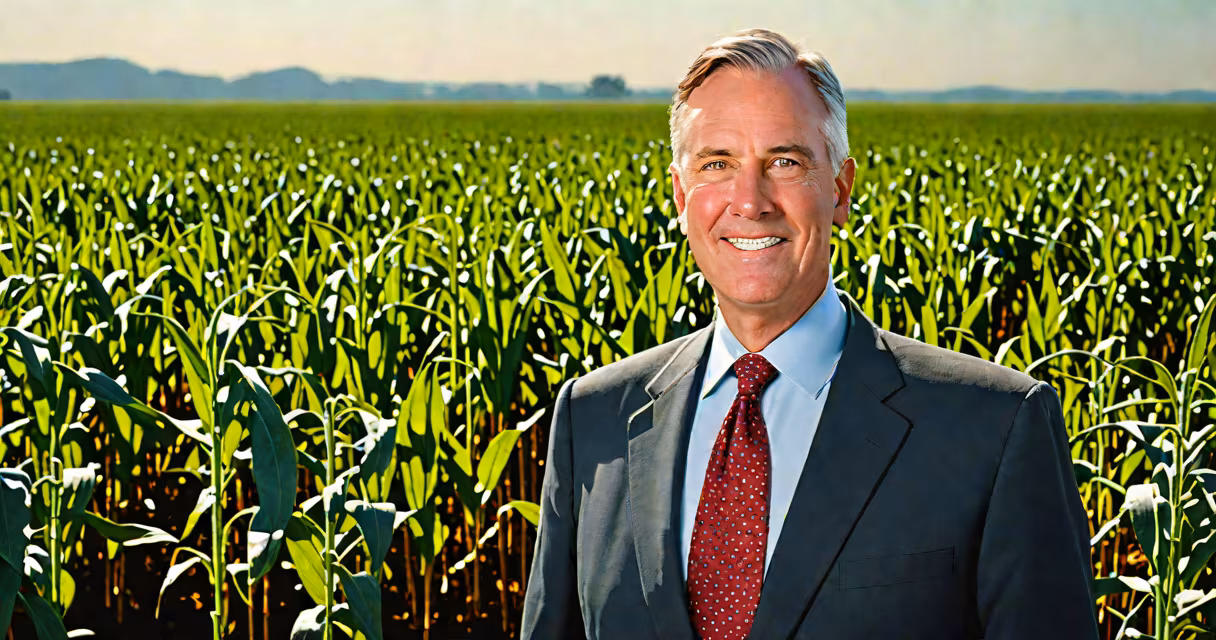 Portrait of a state agricultural commissioner in formal attire, standing beside a field of crops under a clear sky
