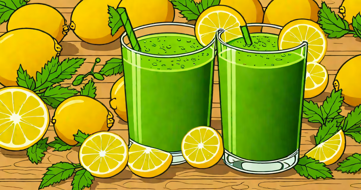 Fresh green juice in a glass with lemon slices and celery stalks on a wooden table