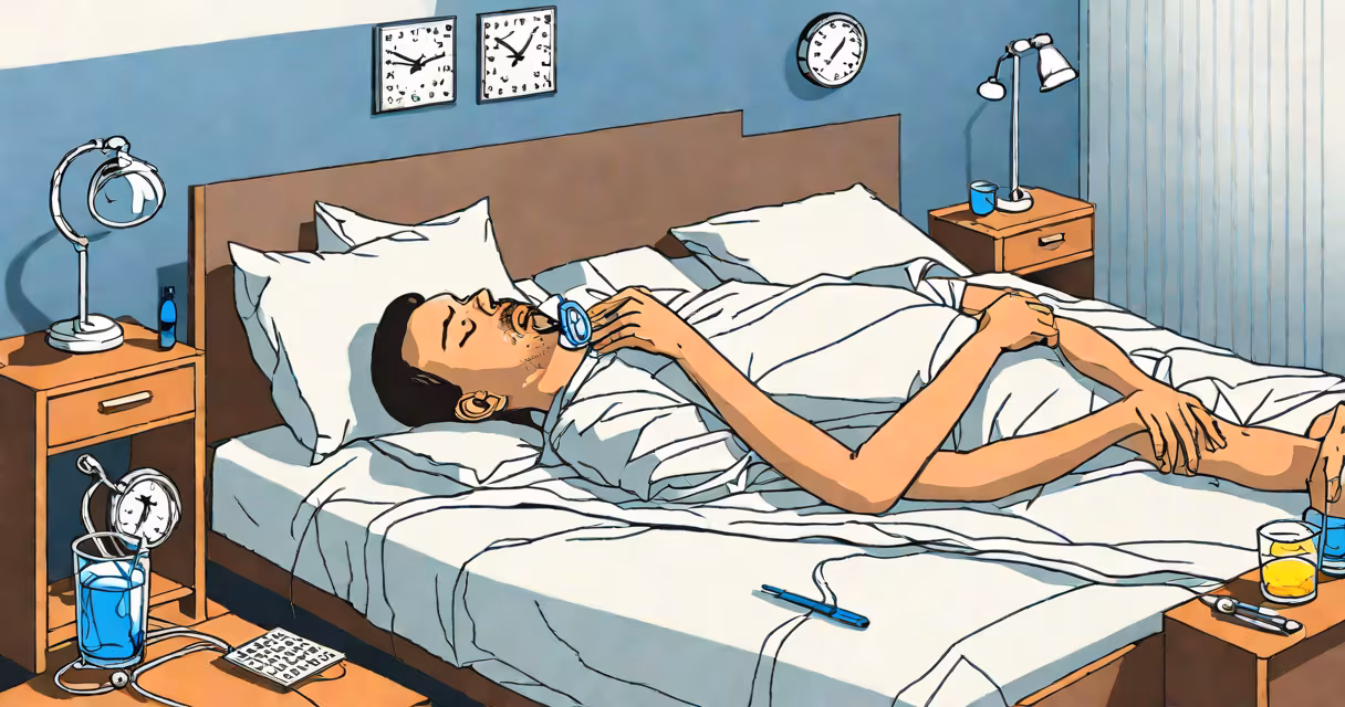 Person lying in bed with a thermometer and water glass on nightstand, soft natural lighting