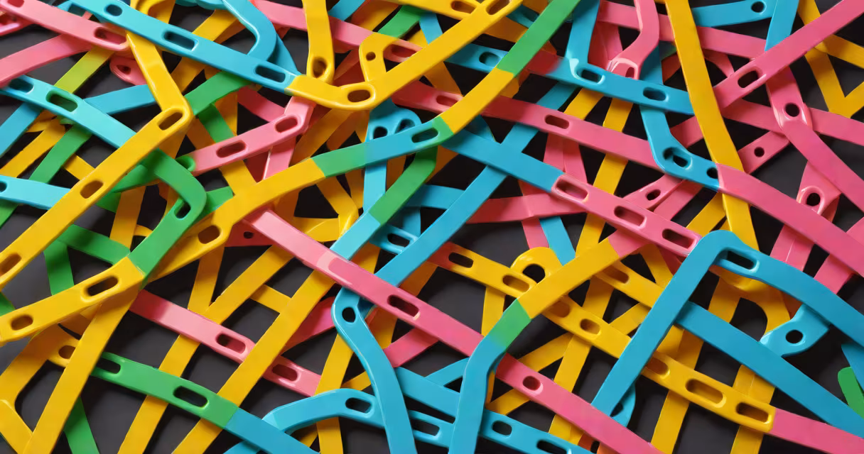 Close-up of colorful rubber bands stretched between metal brackets on braces