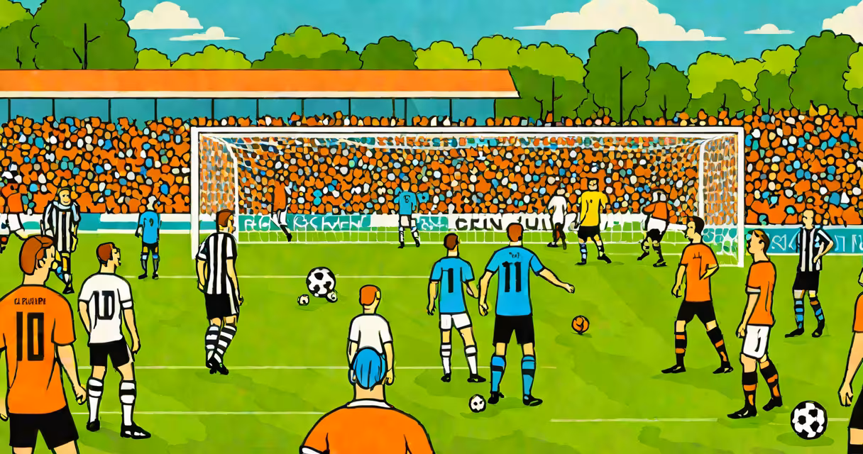 A German regional football match in a small town, with fans in local team colors watching on a grass pitch
