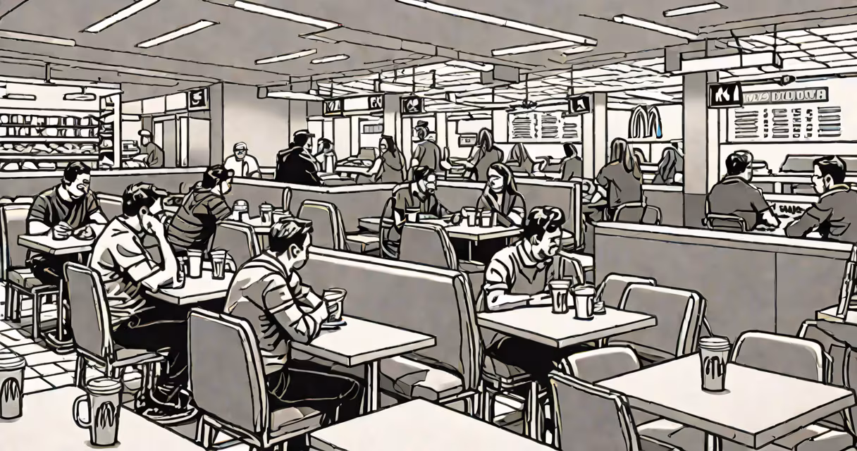 A clean, modern McDonald's interior with customers seated at tables, eating meals with fries and drinks