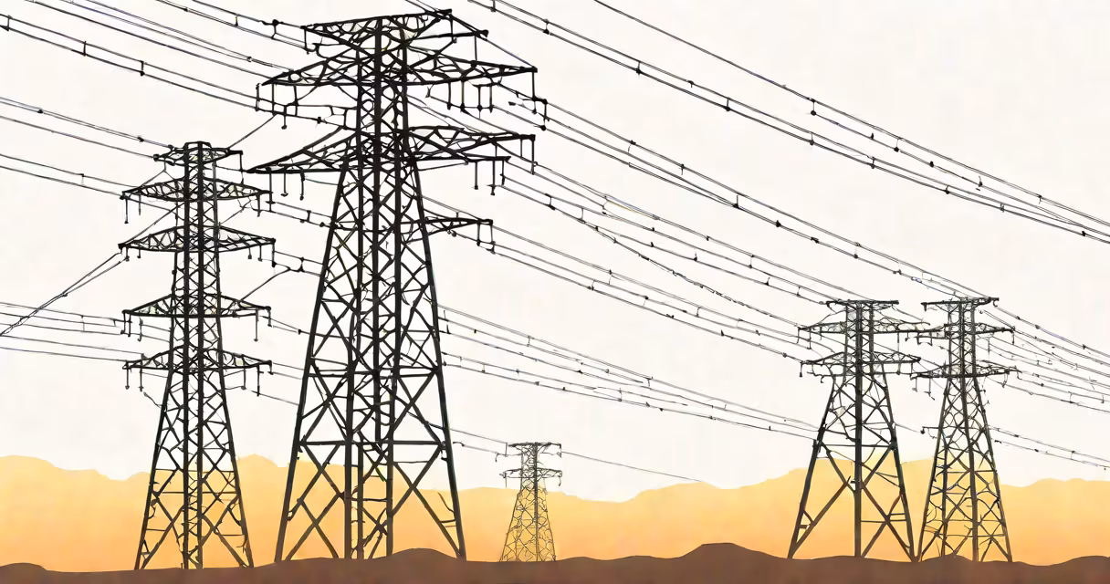 Overhead power lines with insulators against a clear sky, showing high-voltage infrastructure