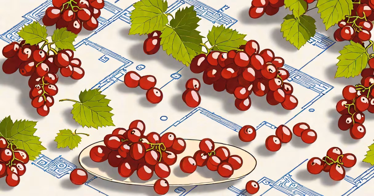 A close-up of red grapes on a white plate with a small frown emoji beside them