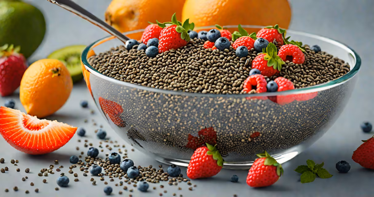 Close-up of chia seeds in a clear glass bowl with a spoon and fresh fruit nearby