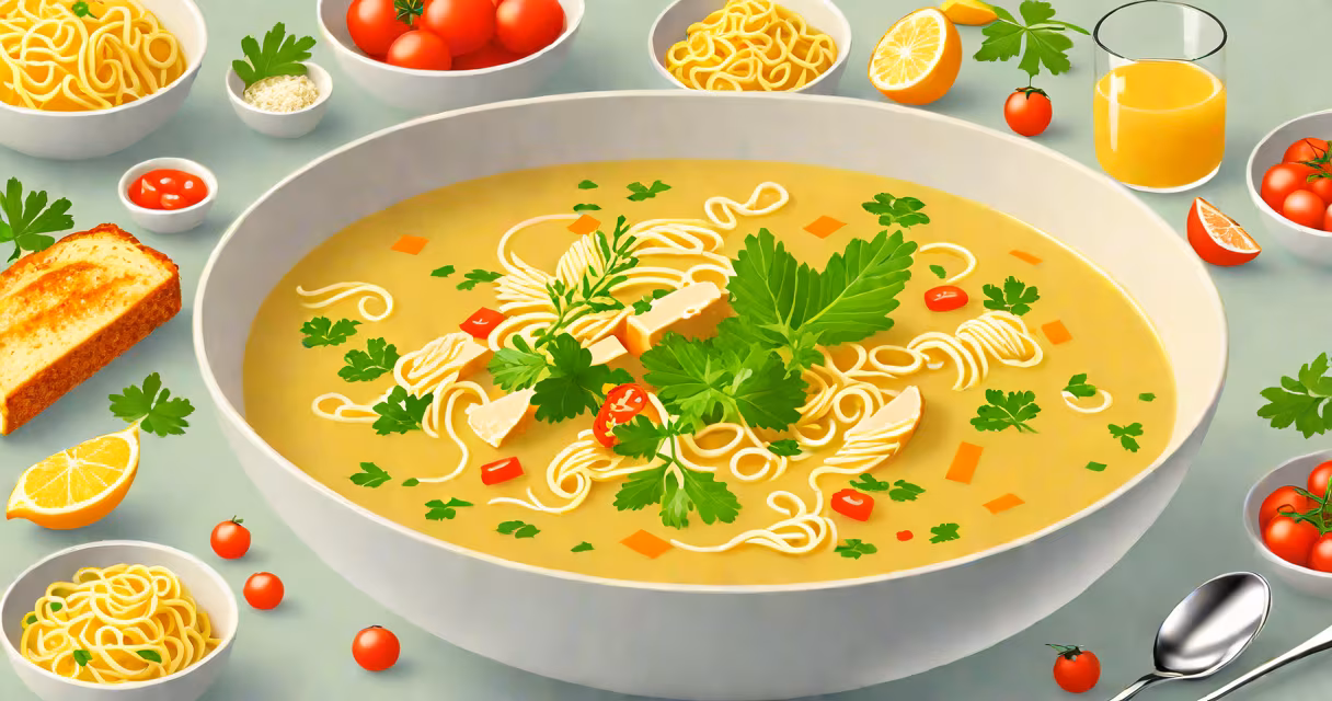 Steam rising from a bowl of golden chicken noodle soup with fresh herbs and vegetables