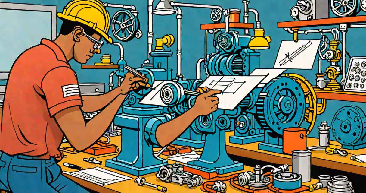 Student working on engine components in a marine engineering lab with blueprints and tools