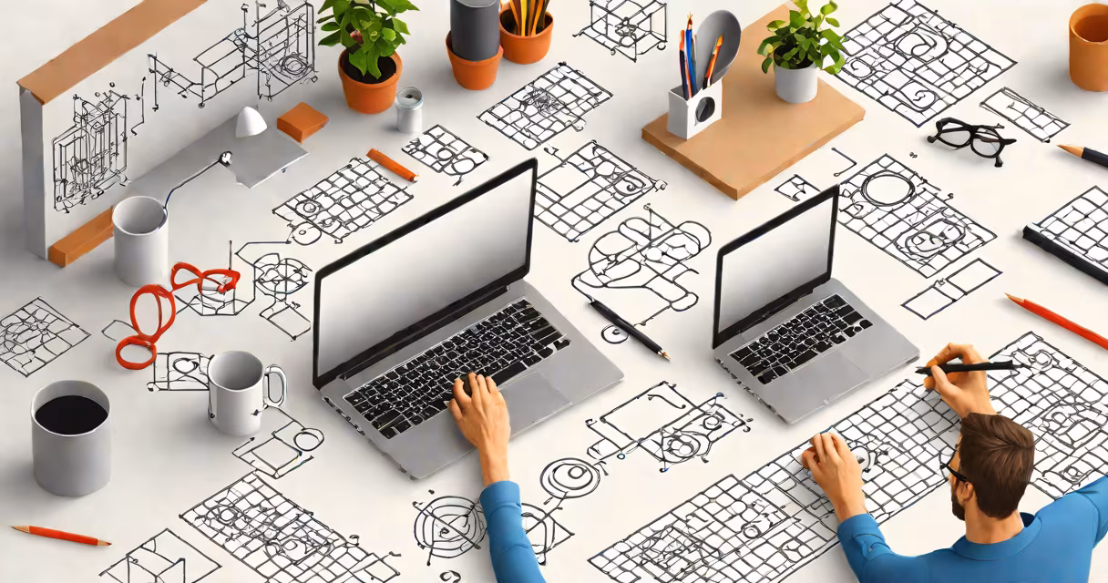 Student working on a responsive website layout using a laptop and design tools