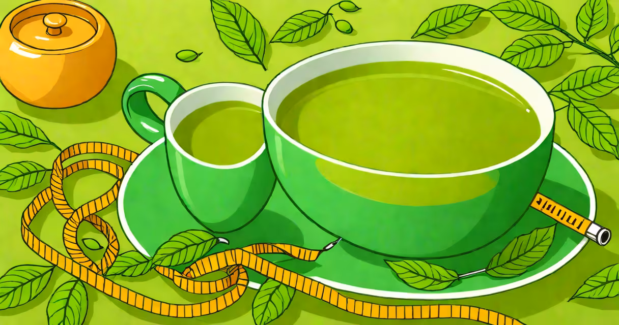 Close-up of a steaming cup of green tea beside a measuring tape on a flat stomach