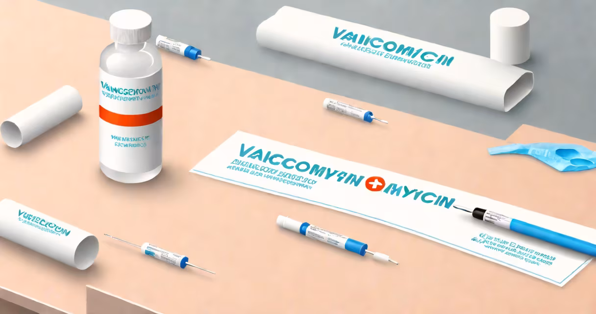 White vial labeled "Vancomycin" on a sterile lab counter with syringe and gloves nearby