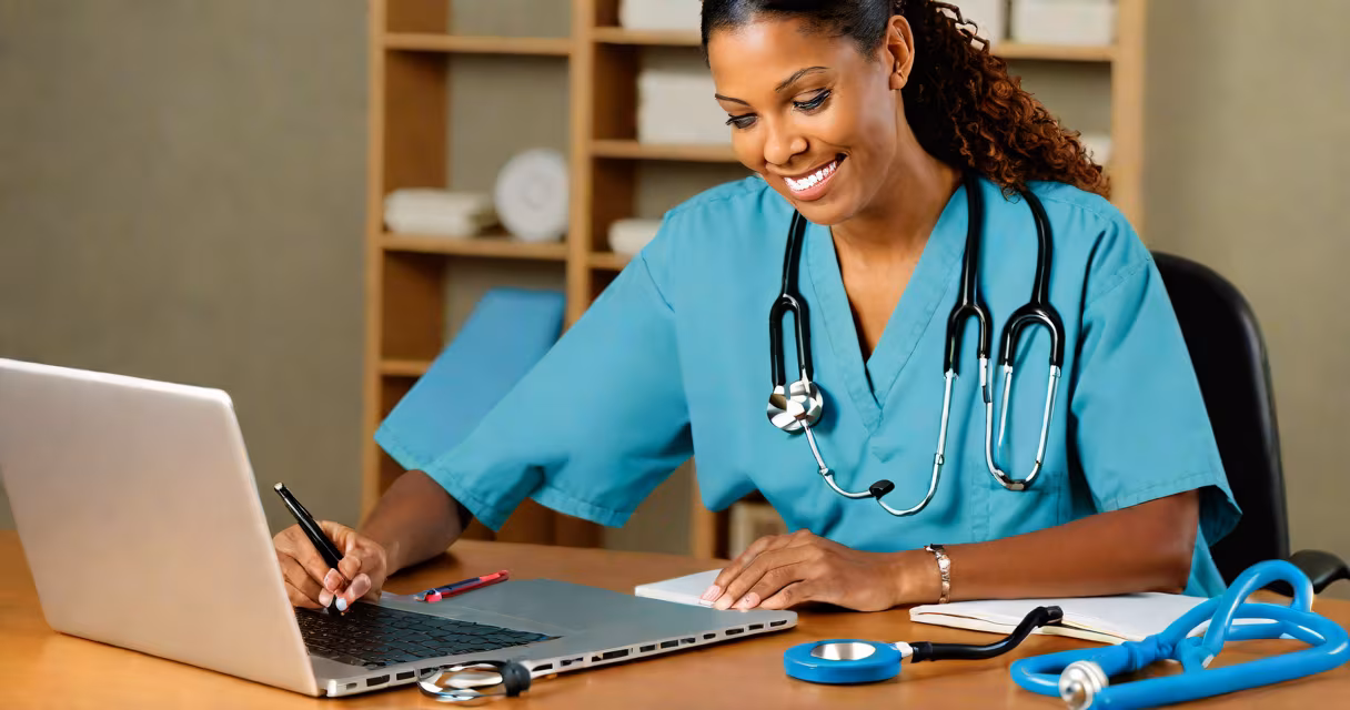 A licensed practical nurse studying on a laptop with nursing textbooks and a stethoscope nearby