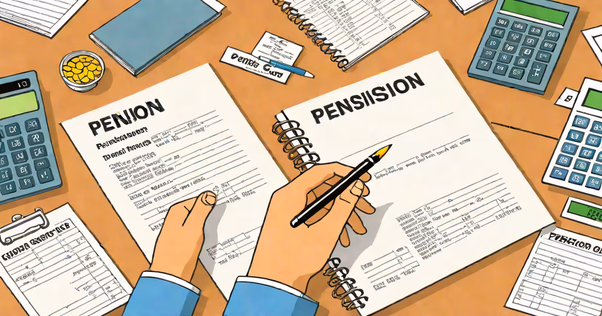 A person reviewing a pension statement with a calculator and documents on a desk