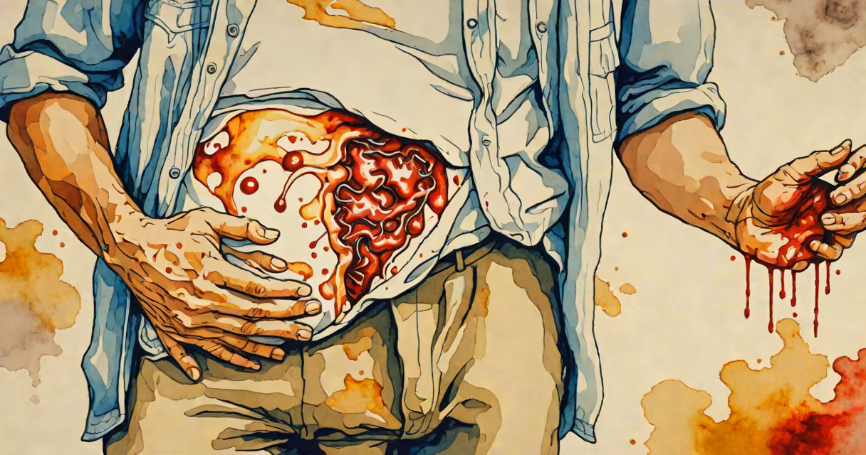 Person clutching abdomen with expression of discomfort, clinical setting background