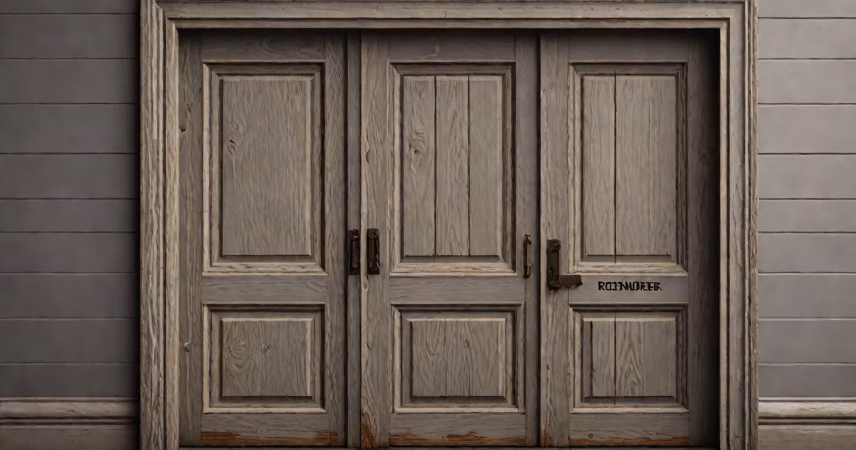 A weathered wooden door with a faint inscription of "Remember your Creator" in Latin, set against a gray sky