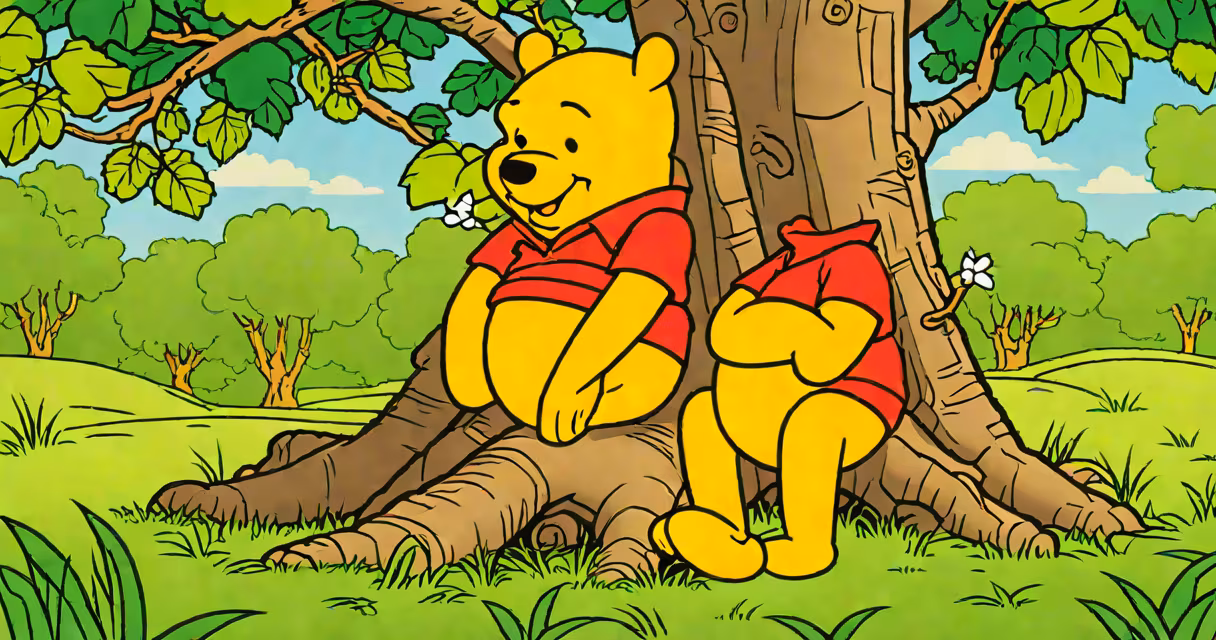 Winnie the Pooh in his classic red shirt, sitting under a tree in the Hundred Acre Wood